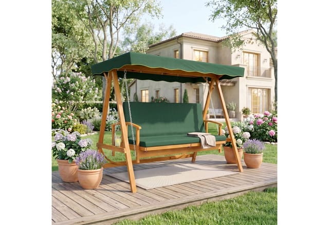 Outsunny Hollywoodschaukel 2 in 1 Gartenschaukel aus Holz mit Sonnendach Sitzauflage bis 330kg, 3-Sitzer, Liegefunktion, 3-Sitzer Gartenschaukel aus Holz, 1 tlg., 2 in 1 Holzschaukel mit Liegefunktion, für Garten, Terrasse, 236x130x181 cm, Dunkelgrün