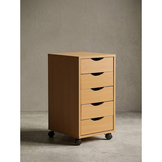Rollcontainer – Buche MDF, 33x64x38 cm, 5 Schubladen, Rollen, modern