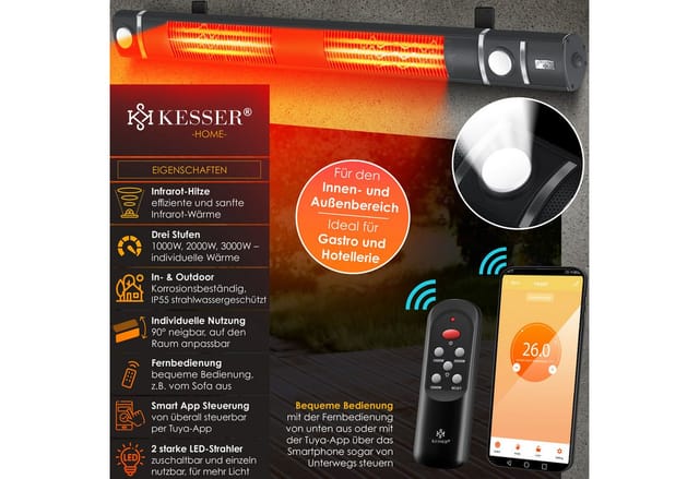 KESSER® Infrarot Heizstrahler 3000W IR-Gastro-Bar Inkl. LED Licht Terrassenstrahler Mit WiFi & Fernbedienung inkl. Schutzhülle Infrarotstrahler Quarzstrahler Terrassenheizer Wand-Heizstrahler
