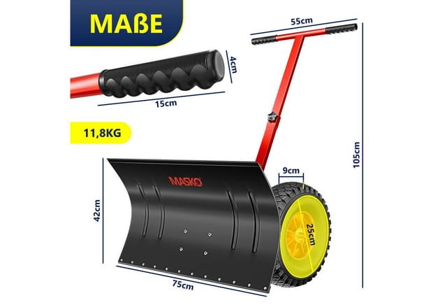 MASKO® Schneeschaufel auf Rädern höhenverstellbar - 5-Fach Höhenverstellbar Schneeräumen, rückenschonender Schneeschieber, Schneeschild 75 cm Arbeitsbreite-Höhe 42 cm, platzsparend zusammenklappbar