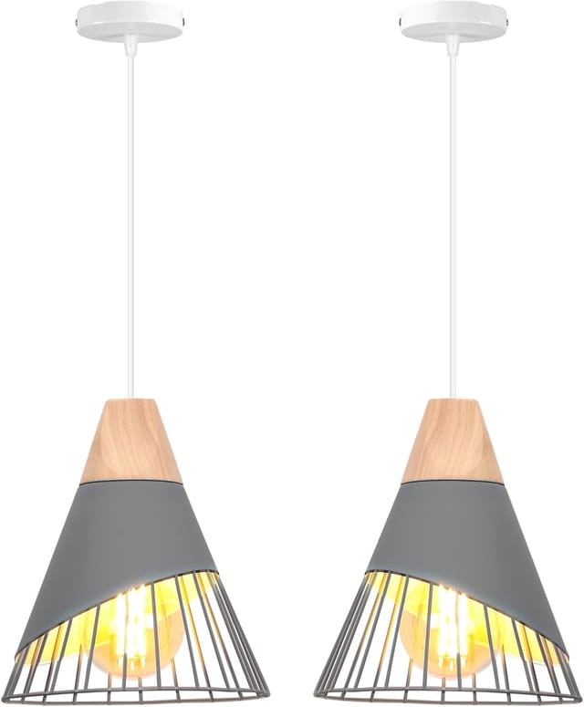 Pendelleuchte - 2er-set - Metall Und Holz - Industriedesign - E27-fassung - Für Küche/wohnzimmer