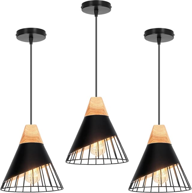 3er-set Industrielle Pendelleuchten – Holz Und Metall – Vintage-käfigdesign – E27-fassung – Für Küche, Wohnzimmer, Schlafzimmer – Ø 25 Cm