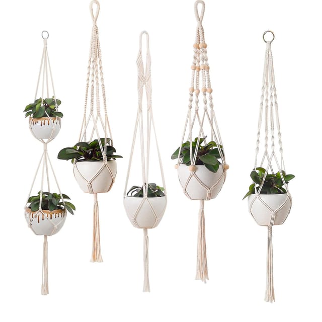 5er-pack Makramee-blumenhänger, Boho-dekor-baumwollseil-hängehaken Für Blumentöpfe Und Pflanzen, Geeignet Für Drinnen Und Draußen, Zur Dekoration Von Decken, Balkonen Und Wänden (beige)