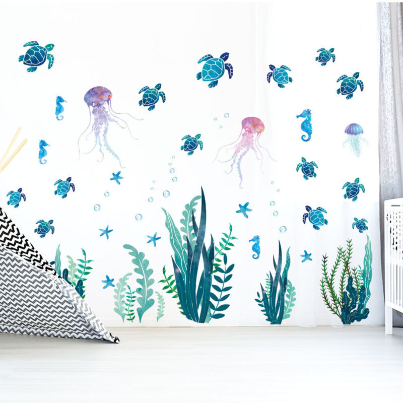 Unterwasser-wandtattoos Mit Schildkrötenmotiven, Algen Und Blasen – Bunte Vinyl-wandtattoos Für Badezimmer, Wc Und Schlafzimmer – Ulisem