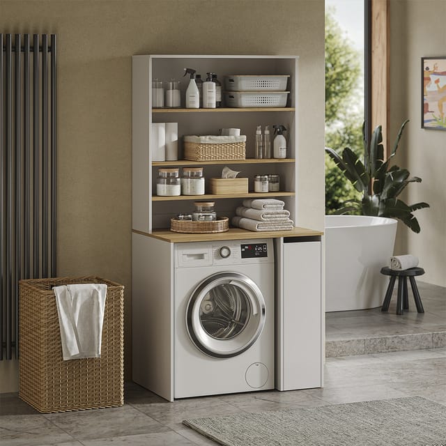 Waschmaschinenschrank Viktor, Weiß/artisan-eiche, 93.6 X 88.2 Cm 2 Teile Mit Rollregal, Vicco