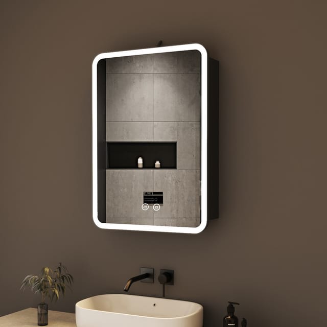 40x60cm Spiegelschrank Bad Mit Beleuchtung Led Spiegelschrank Mit Beleuchtung Badspiegel Schwarz Mit Beleuchtung Medizin Kabinett Hängeschränke Mit 3 Einstellbare Lichtfarben, Beschlagfrei, Schwarz