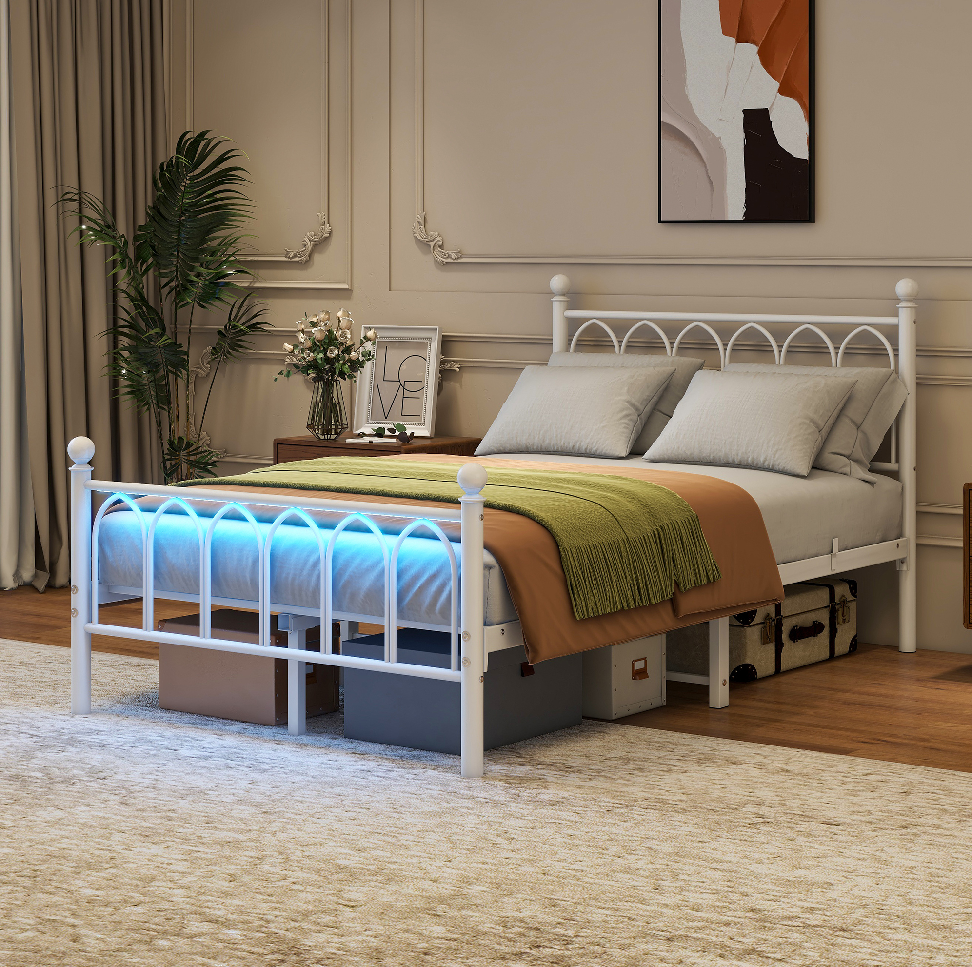 Bett Vintage 120x200 Cm Metall Und Mdf Weiß Mit Hohem Kopf- Und Fußteil, Led, Usb-anschlüssen Und Steckdose