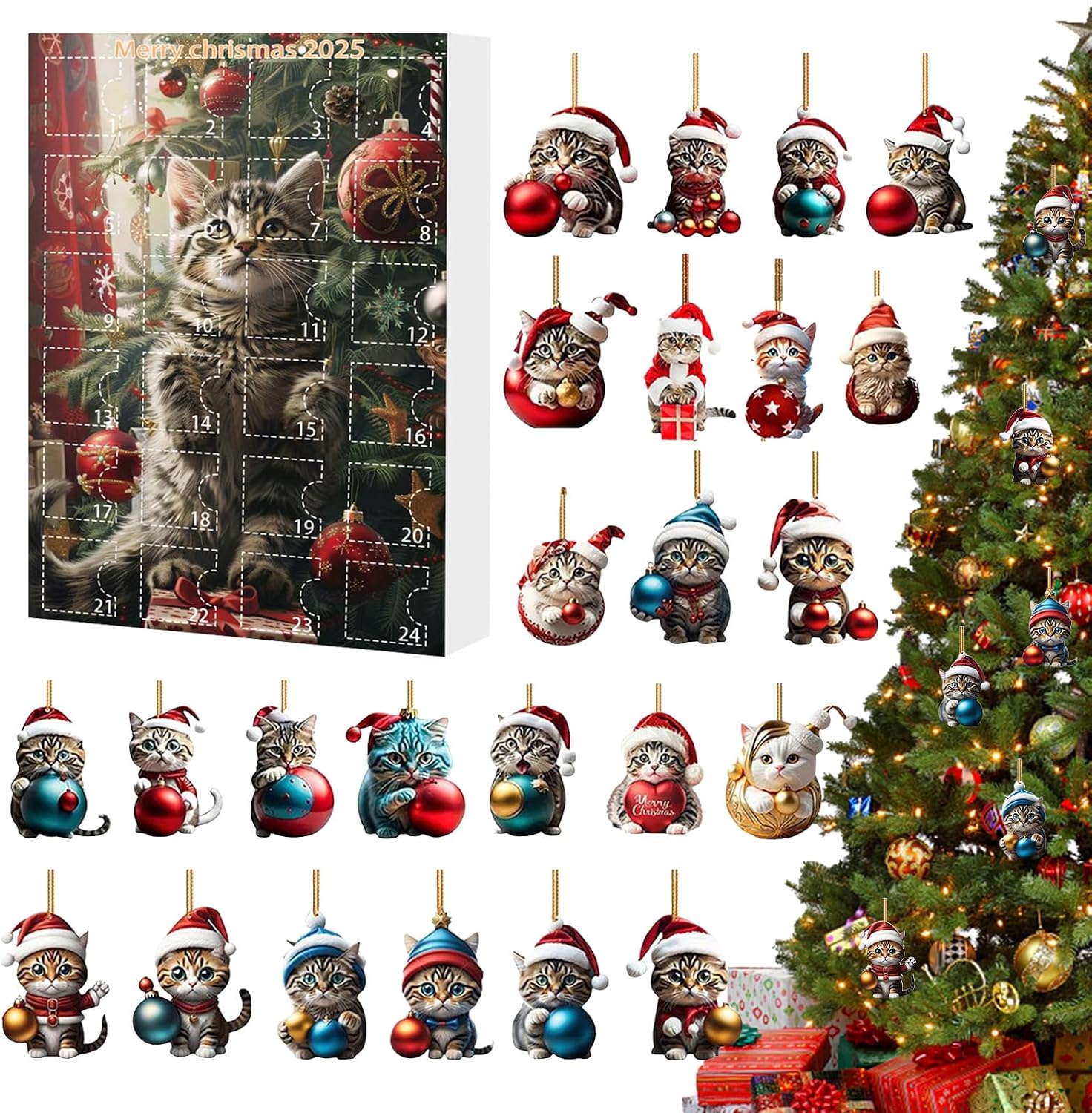 Weihnachtsbaumschmuck Mit Katzenmotiven, 24-tage-adventskalender, Anhänger Weihnachtsschmuck, 2d-acryl-katzenanhänger-set, Charm-anhänger Für Weihnachtsbaum, Auto-rückspiegel, Wand, Tür, Fenster