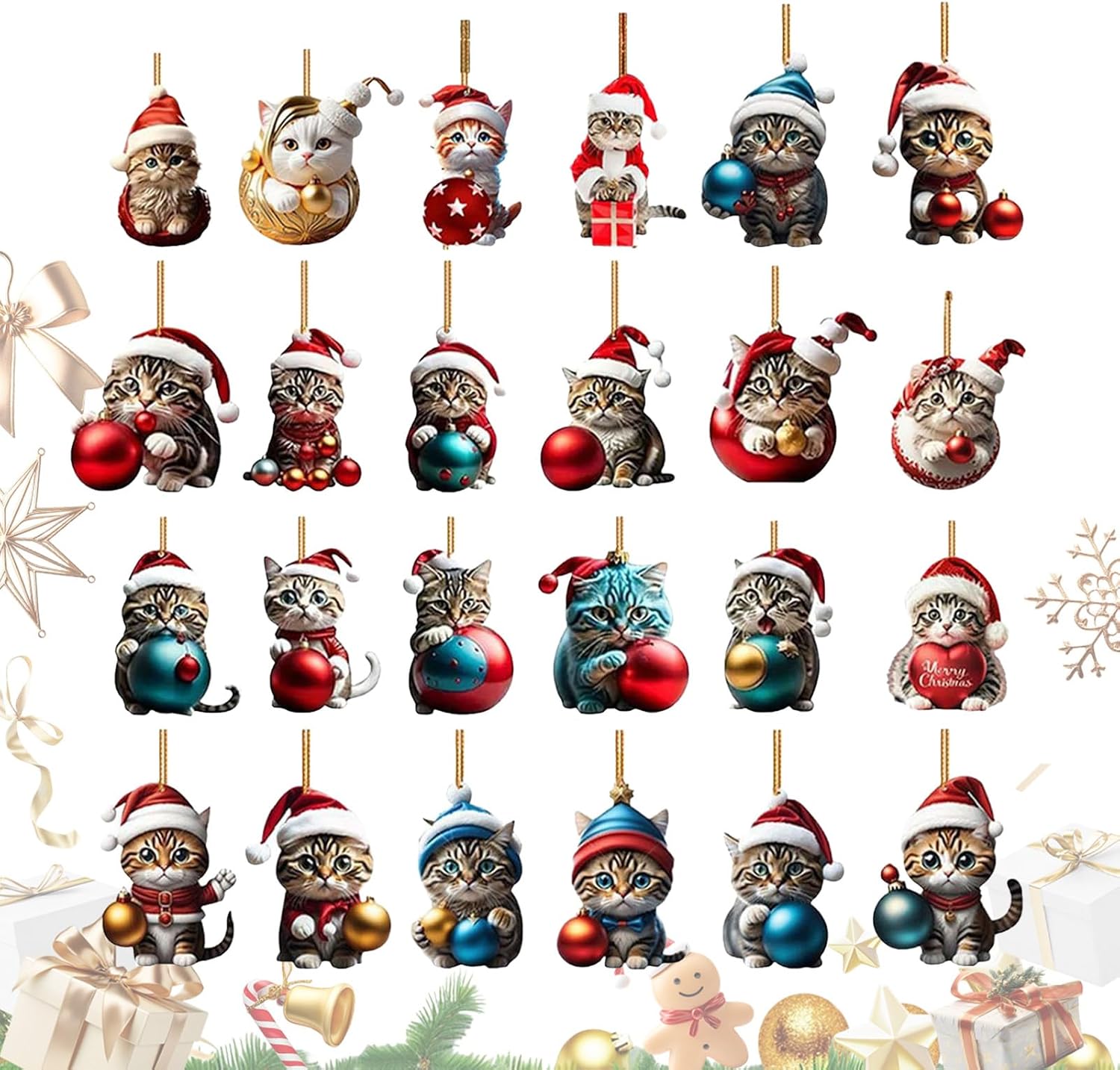Weihnachtskatzen-anhänger: 24-tägiger Adventskalender 2d-acryl-katzenanhänger Für Weihnachtsbaum, Auto-rückspiegel, Tür, Fenster
