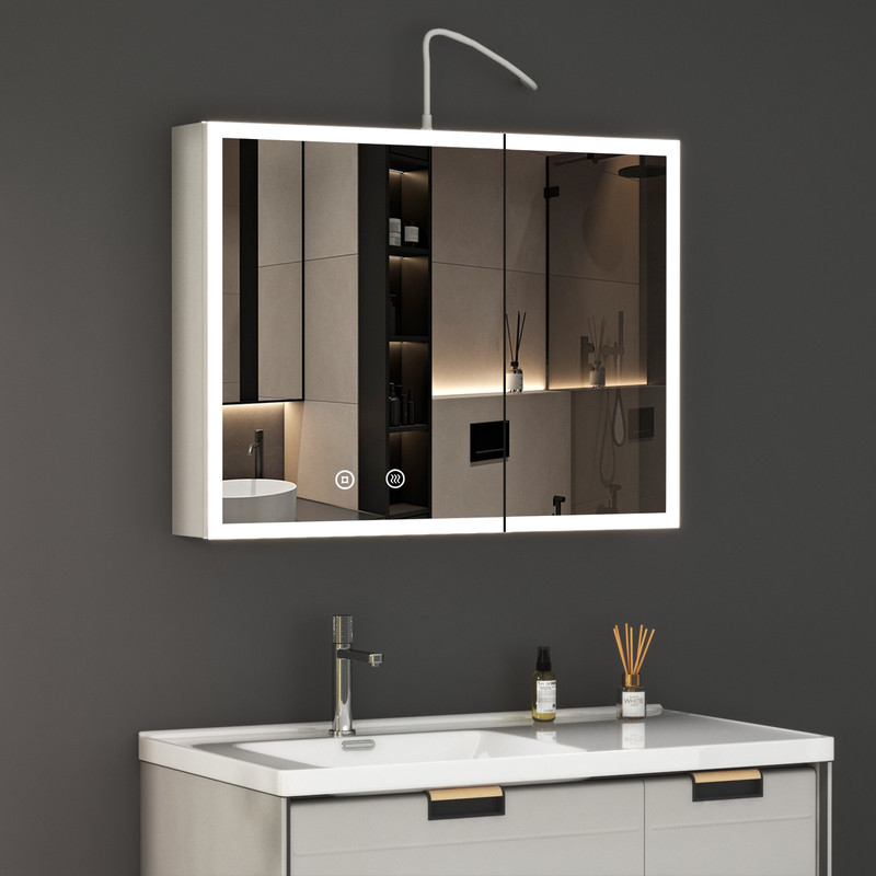 80x60 Cm Weiß Spiegelschrank Bad Mit Beleuchtung Led Spiegelschrank Mit Beleuchtung Aluminium Badezimmerschrank Mit Spiegel Bad Hängeschränke Medizin Kabinett Mit 3 Einstellbare Lichtfarben + Beschlag
