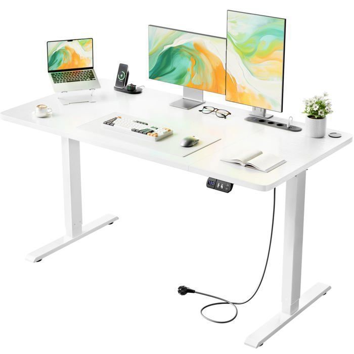 Ecofurnix Steh-sitz-bürotisch Elektrisch, 140 X 60 Cm, Höhenverstellbar 72-117 Cm, Mit Integrierter Steckdose & Usb-anschluss, Speicher, Weiß