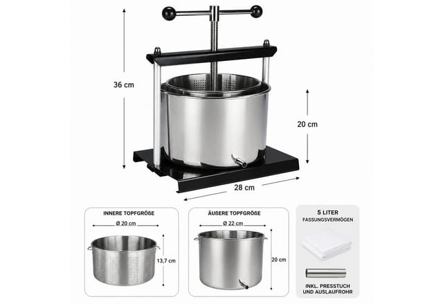 Mucola - Saftpresse Weinpresse Entsafter 5 Liter Edelstahl Fruchtpresse Auslaufrohr Beerenpresse Obstmühle Apfelpresse Lebensmittelpresse