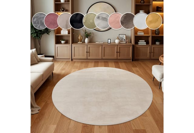 Paco Home - Teppich Wohnzimmer Kunstfell Shaggy Hochflor Waschbar In Waschmaschine Soft Uni Creme Ø 120 Cm Rund