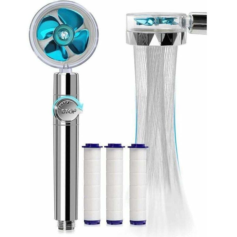 Abverkauf: Duschkopf Mit Anti-kalk-funktion, Wassersparend, Hochdruck-propeller-duschkopf Mit Dreistufigem Filtersystem Und 3 Austauschbaren Pp-baumwollfiltern (blau) Dolas