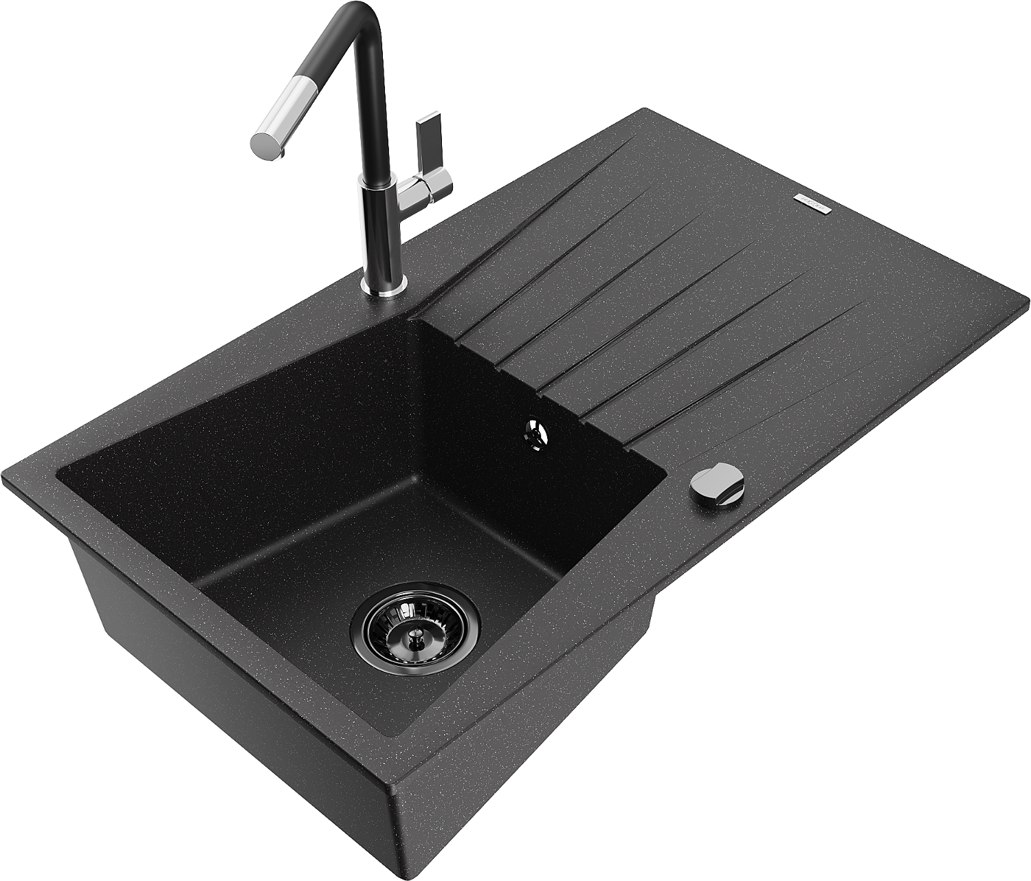 Mexen Cesar Granitspüle 1-beckig Mit Abtropffläche Und Küchenarmatur Flora, Schwarz/silber Metallic - 6514-73-670401-07-b