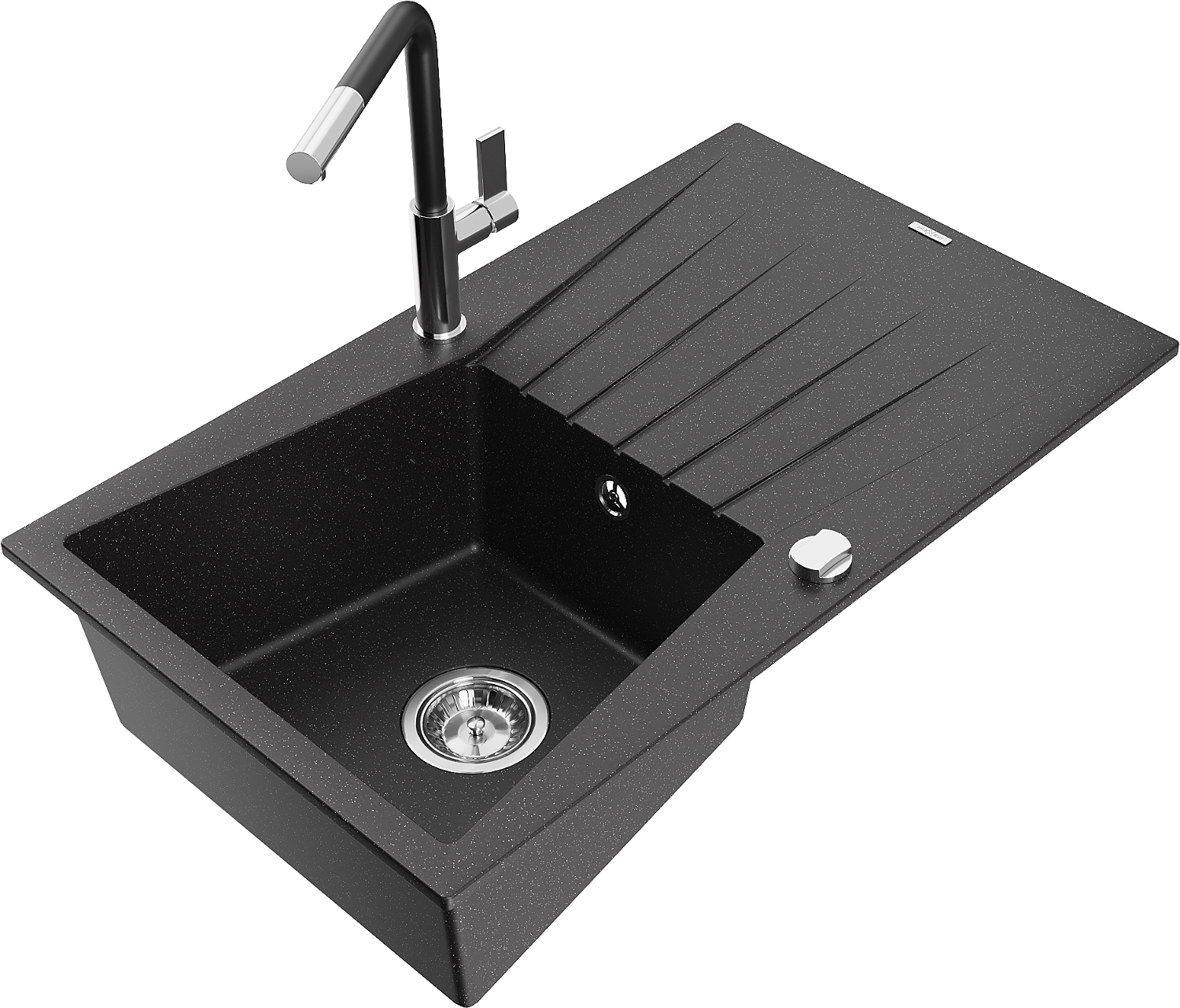 Mexen Cesar Einzelbecken Granitspüle Mit Abtropffläche Und Küchenarmatur Flora, Schwarz/silber Metallic - 6514-73-670401-07