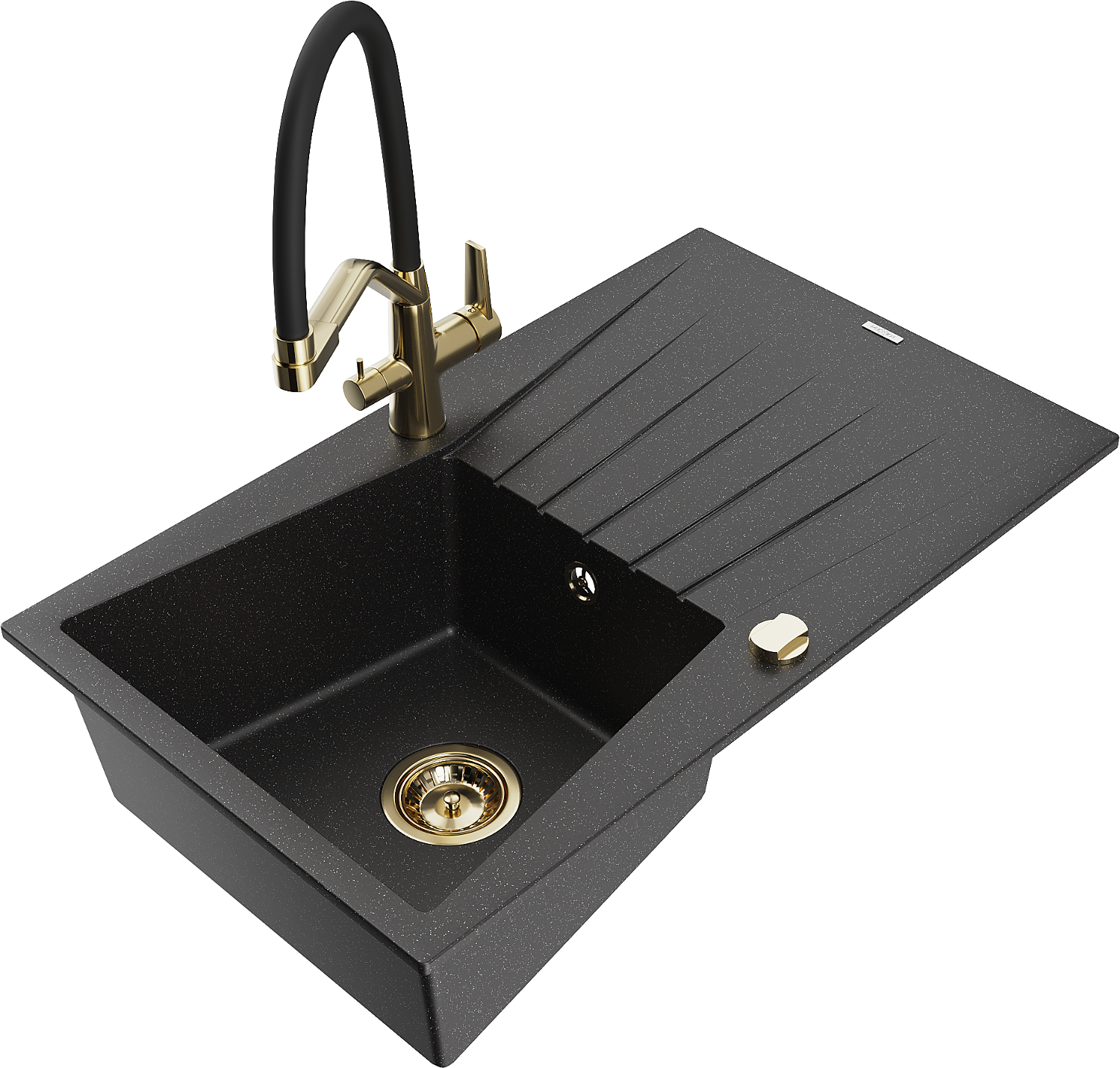 Mexen Cesar Granitspüle Mit 1 Becken, Abtropffläche Und Küchenarmatur Duo, Schwarz/silber Metallic - 6514-73-671701-57-g