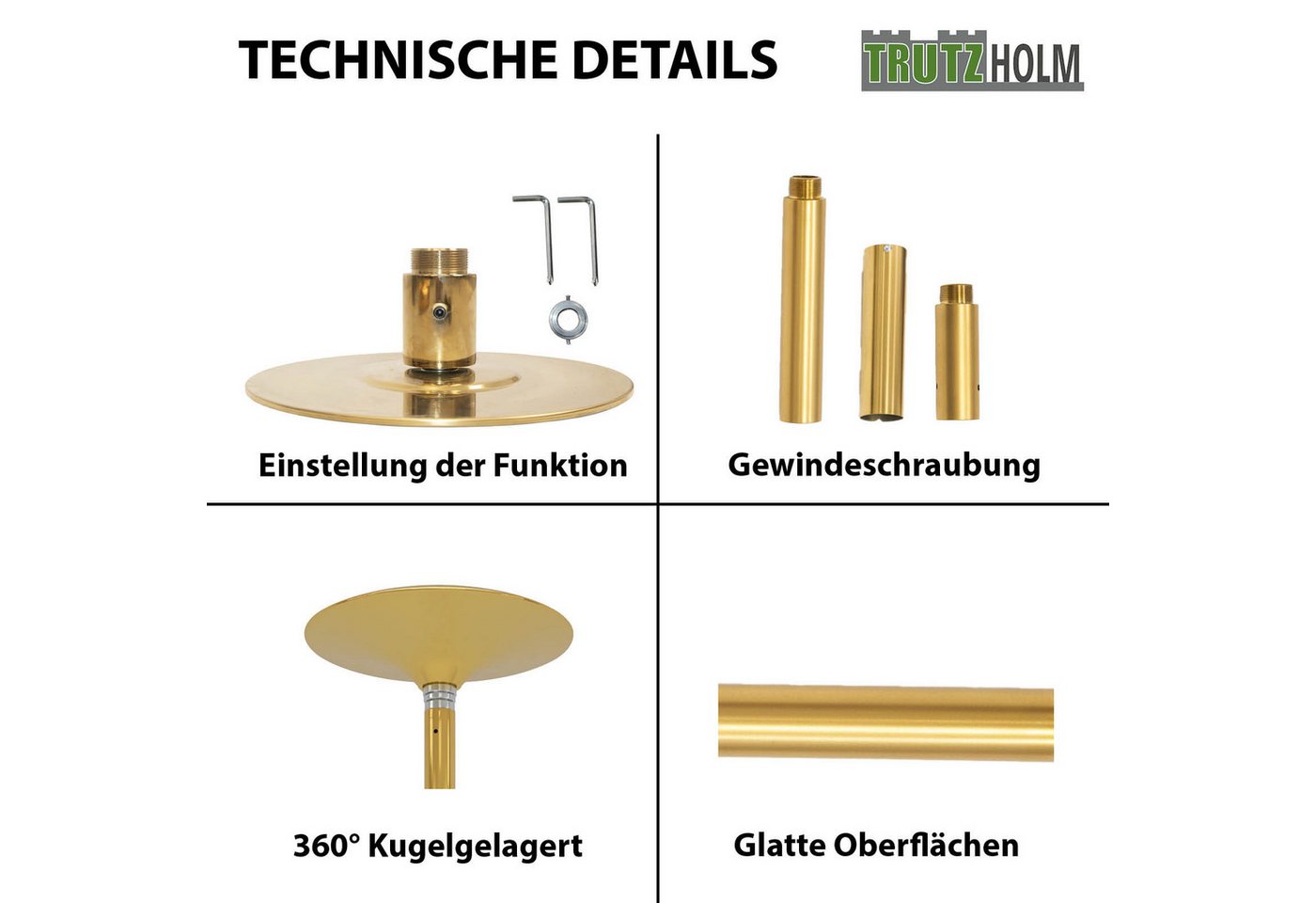 TRUTZHOLM Pole Dance Tanzstange Profi 231 bis 274 cm Durchmesser 45 mm Gold