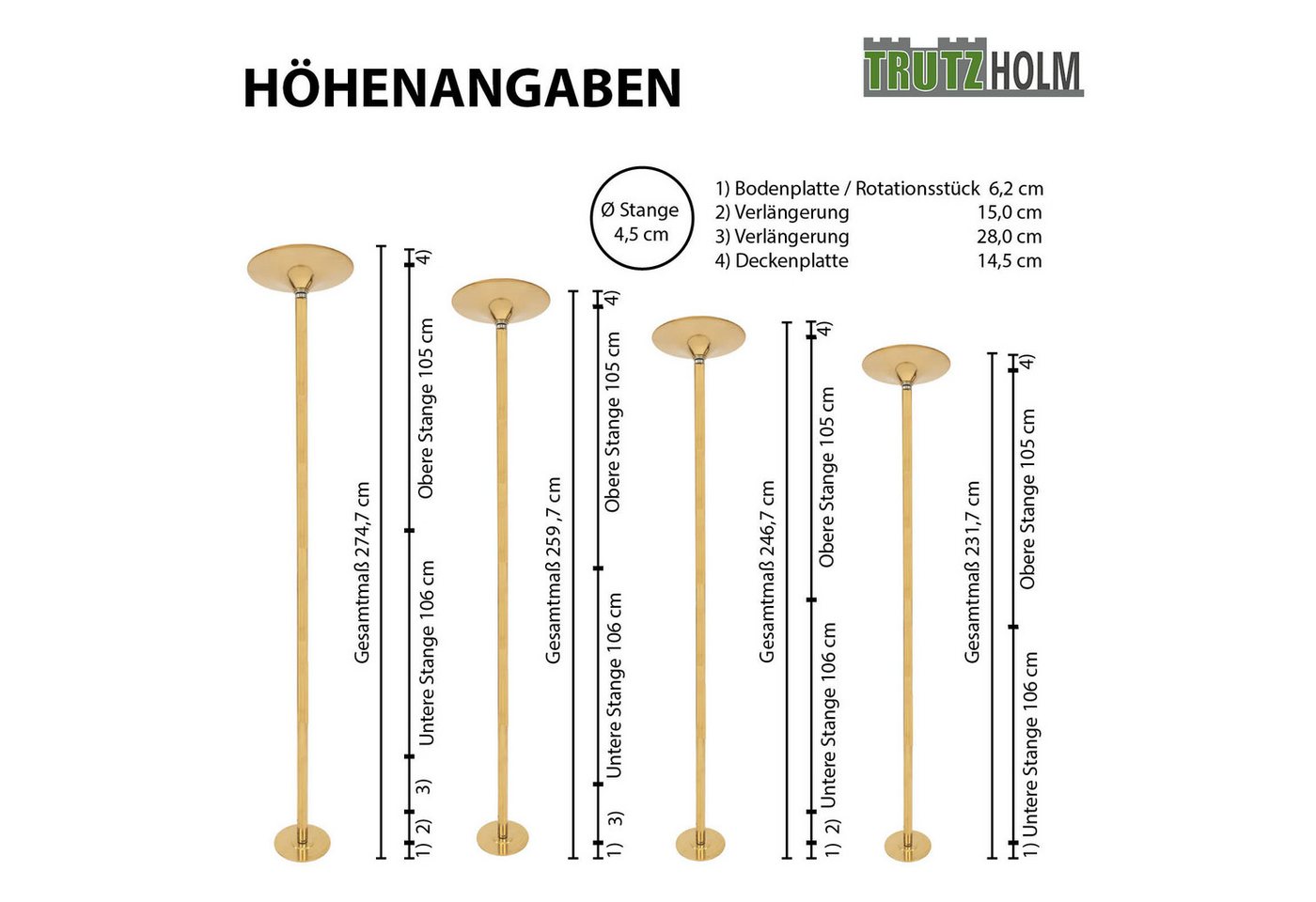 TRUTZHOLM Pole Dance Tanzstange Profi 231 bis 274 cm Durchmesser 45 mm Gold Bild 5