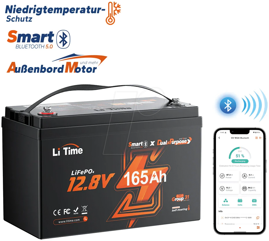 LI 12-150 DP BT - Lithium-Akku, LiFePO4, 12,8 V, 165 Ah, BMS, IP67, Dual Purpose