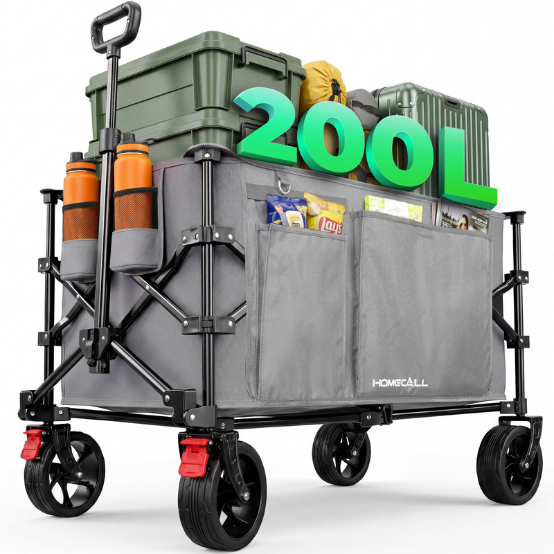 HOMECALL Bollerwagen Handwagen 200L 200kg XXL-Volumen mit praktischer Kühltasche (Grau)