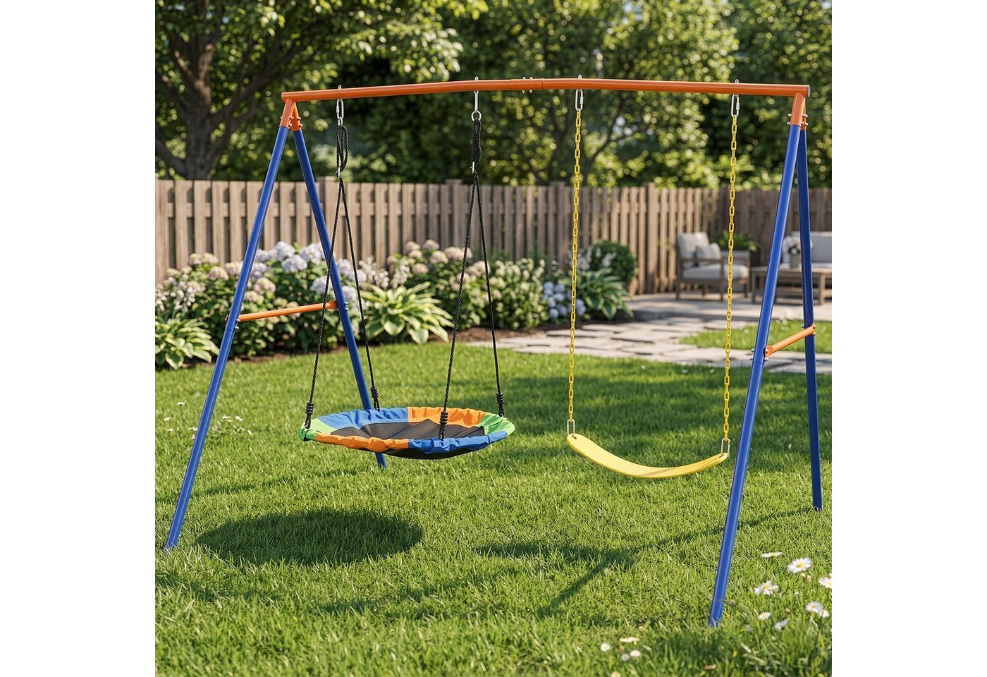 LALAHO Schaukelgestell nmit Nestschaukel,Kinderschaukel,A-Rahme,Schaukelgerüst, 2-in-1 Schaukel Set mit Schaukelteller & Gürtelschwinge für Garten Bild 2
