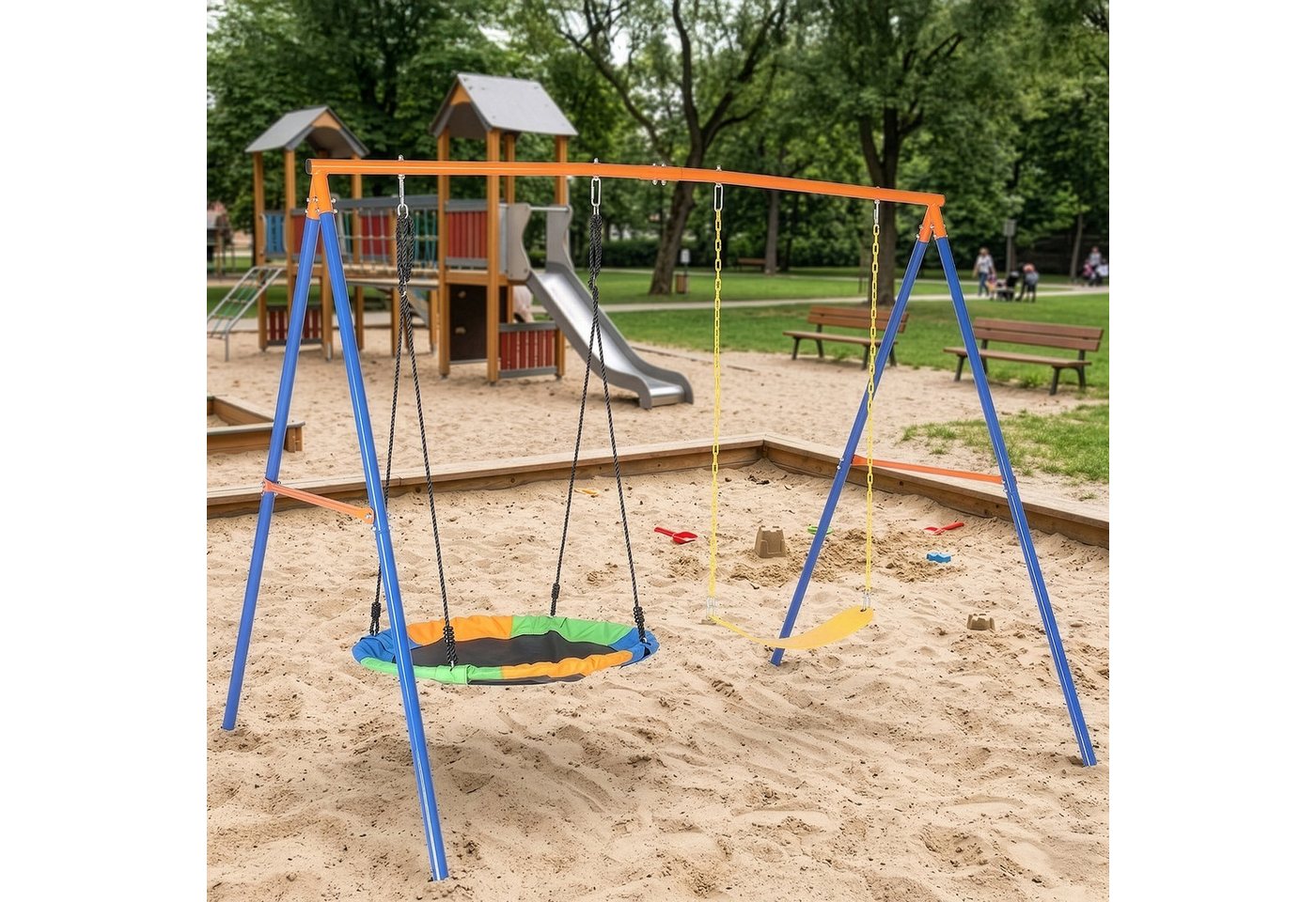 LALAHO Schaukelgestell nmit Nestschaukel,Kinderschaukel,A-Rahme,Schaukelgerüst, 2-in-1 Schaukel Set mit Schaukelteller & Gürtelschwinge für Garten Bild 3