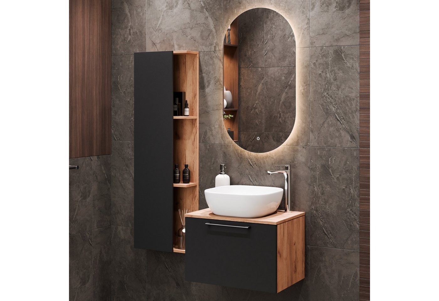 Planetmöbel Badmöbel-Set ASTRA Waschtischunterschrank 60 cm mit Seitenschrank, (Waschbeckenunterschrank, 2-St., Badezimmerschrank), Badezimmer Möbel im modernen Design