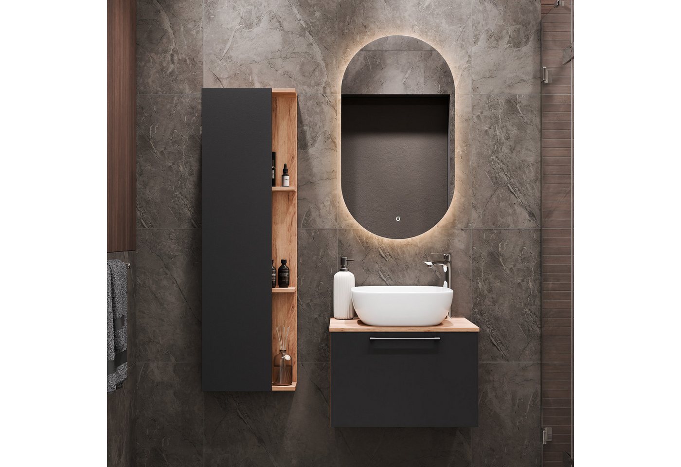 Planetmöbel Badmöbel-Set ASTRA Waschtischunterschrank 60 cm mit Seitenschrank, (Waschbeckenunterschrank, 2-St., Badezimmerschrank), Badezimmer Möbel im modernen Design Bild 2