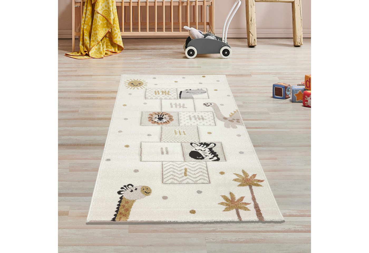 TeppichHome24 Kinderteppich Kinderteppich mit Hüpfspiel & Tieren Weich & Strapazierfähig in creme, rechteckig, Höhe: 10 mm
