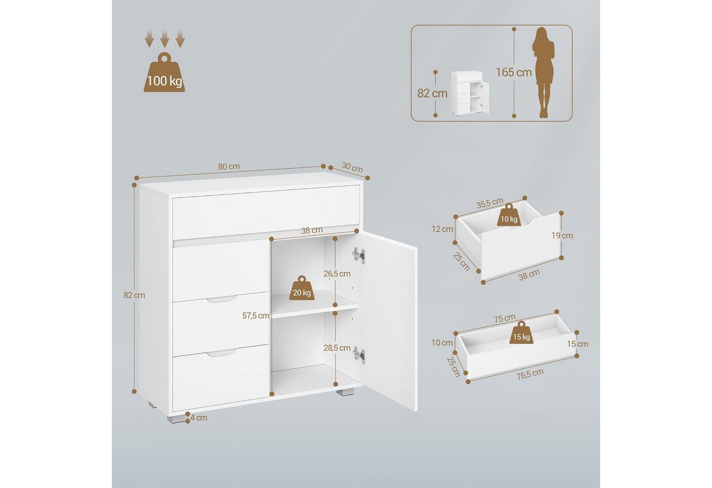 LuxusKollektion Badkommode Badezimmerschrank Kommode 4 Schubladen Schranktür Weiß 30 x 80 x 82 cm