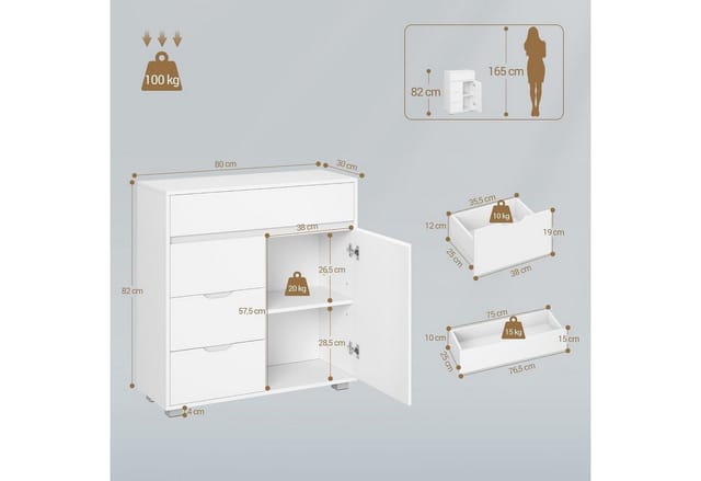 LuxusKollektion Badkommode Badezimmerschrank Kommode 4 Schubladen Schranktür Weiß 30 x 80 x 82 cm
