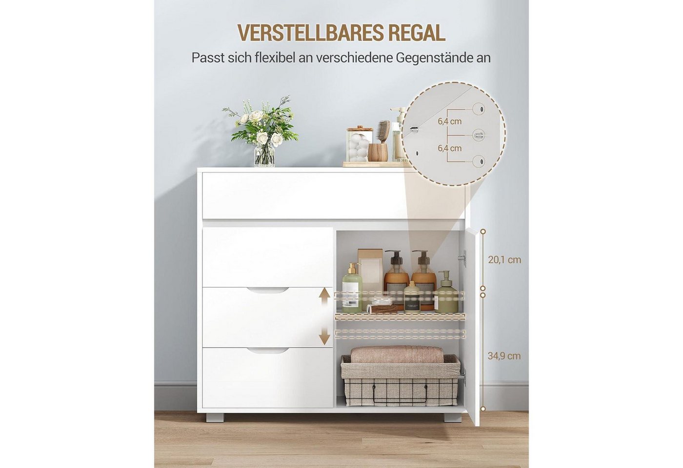 LuxusKollektion Badkommode Badezimmerschrank Kommode 4 Schubladen Schranktür Weiß 30 x 80 x 82 cm Bild 5