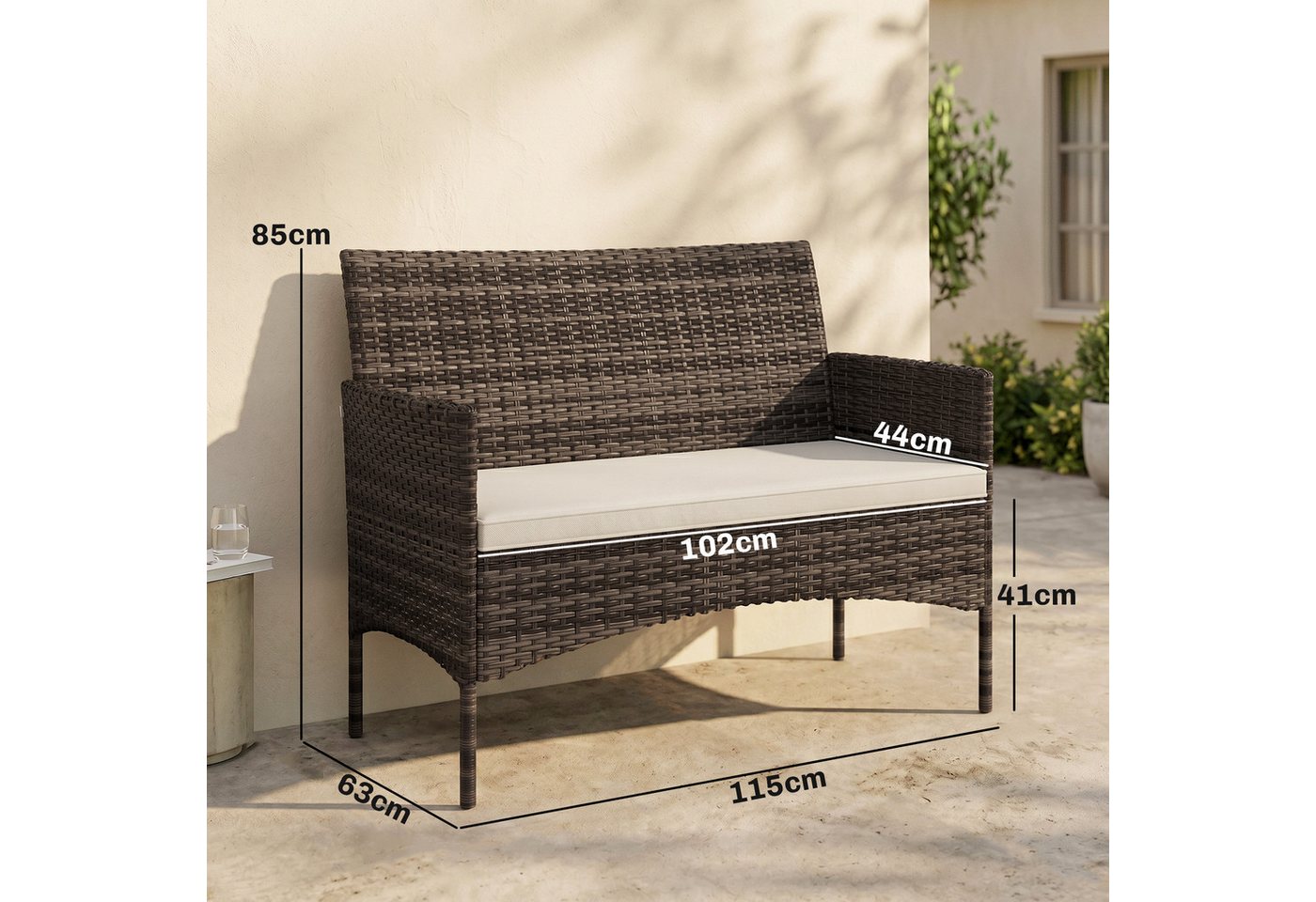 Outsunny Gartensofa 2-Sitzer Rattansofa mit Kissen, Couch für Garten, Poly Rattan, 1 Teile, Wetterfest, abnehmbarer Bezug, rutschfest Bild 4