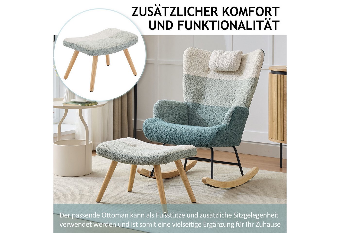 HAUSS SPOLE Schaukelstuhl mit Fußbank, Beine aus Gummiholz, Gestell aus Eisen, Wohnzimmersessel (Wohnzimmersessel, Schlafzimmersessel, 2 St), mit Kopfstütze Fußstütze Bild 3