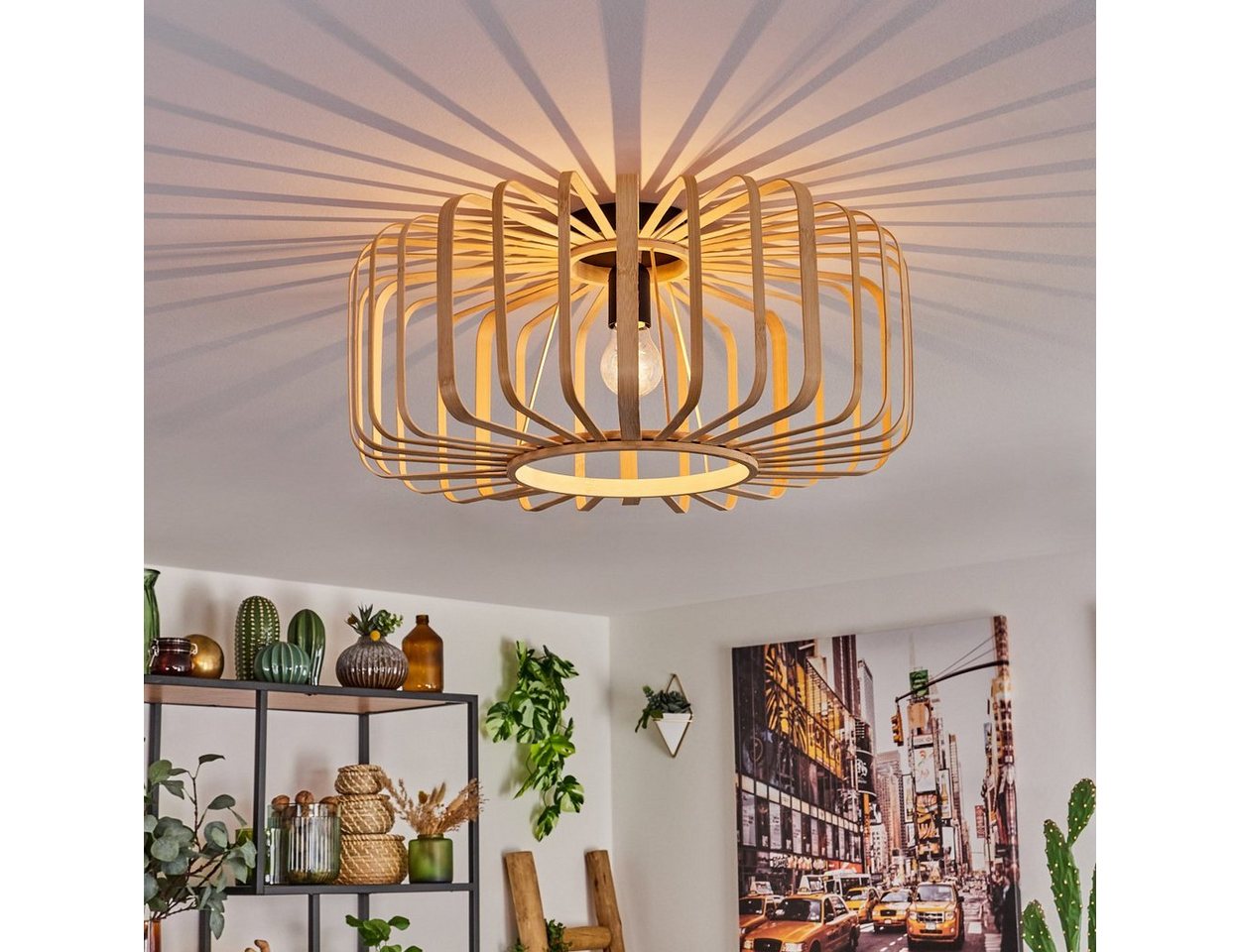 hofstein Deckenleuchte »Aidone« Deckenlampe aus Metall in Schwarz, ohne Leuchtmittel, mit Bambus/Holz Schirm, Ø50cm, E27, Moderne Leuchte mit Lichtspiel Bild 2