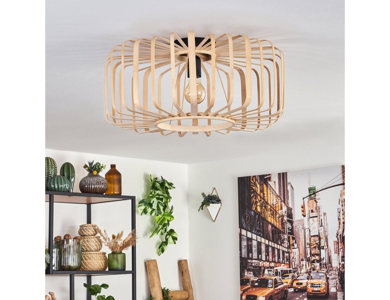 hofstein Deckenleuchte »Aidone« Deckenlampe aus Metall in Schwarz, ohne Leuchtmittel, mit Bambus/Holz Schirm, Ø50cm, E27, Moderne Leuchte mit Lichtspiel Bild 3