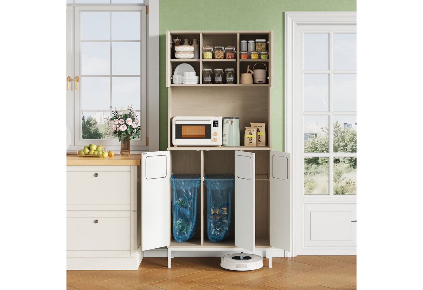 MODFU Küchenbuffet 3 Fächer für Abfallsortierung, Mikrowellenablage (Packung, 1-St., Dreitüriger Küchenschrank 80x35x181 cm, Hellholz-Weiß, Mülltrennung) Hoher Hochschrank mit Stauraum für Staubsauger & Zubehör