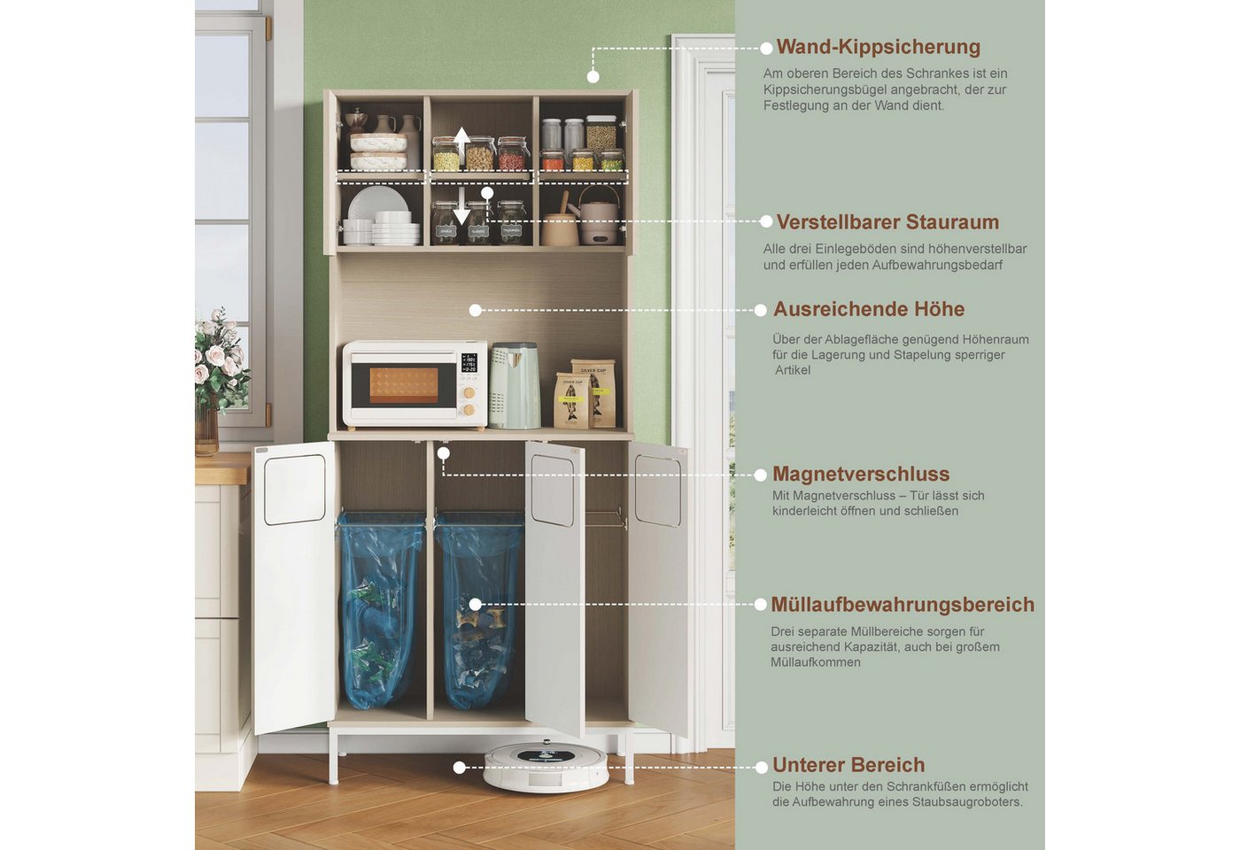 MODFU Küchenbuffet 3 Fächer für Abfallsortierung, Mikrowellenablage (Packung, 1-St., Dreitüriger Küchenschrank 80x35x181 cm, Hellholz-Weiß, Mülltrennung) Hoher Hochschrank mit Stauraum für Staubsauger & Zubehör Bild 4