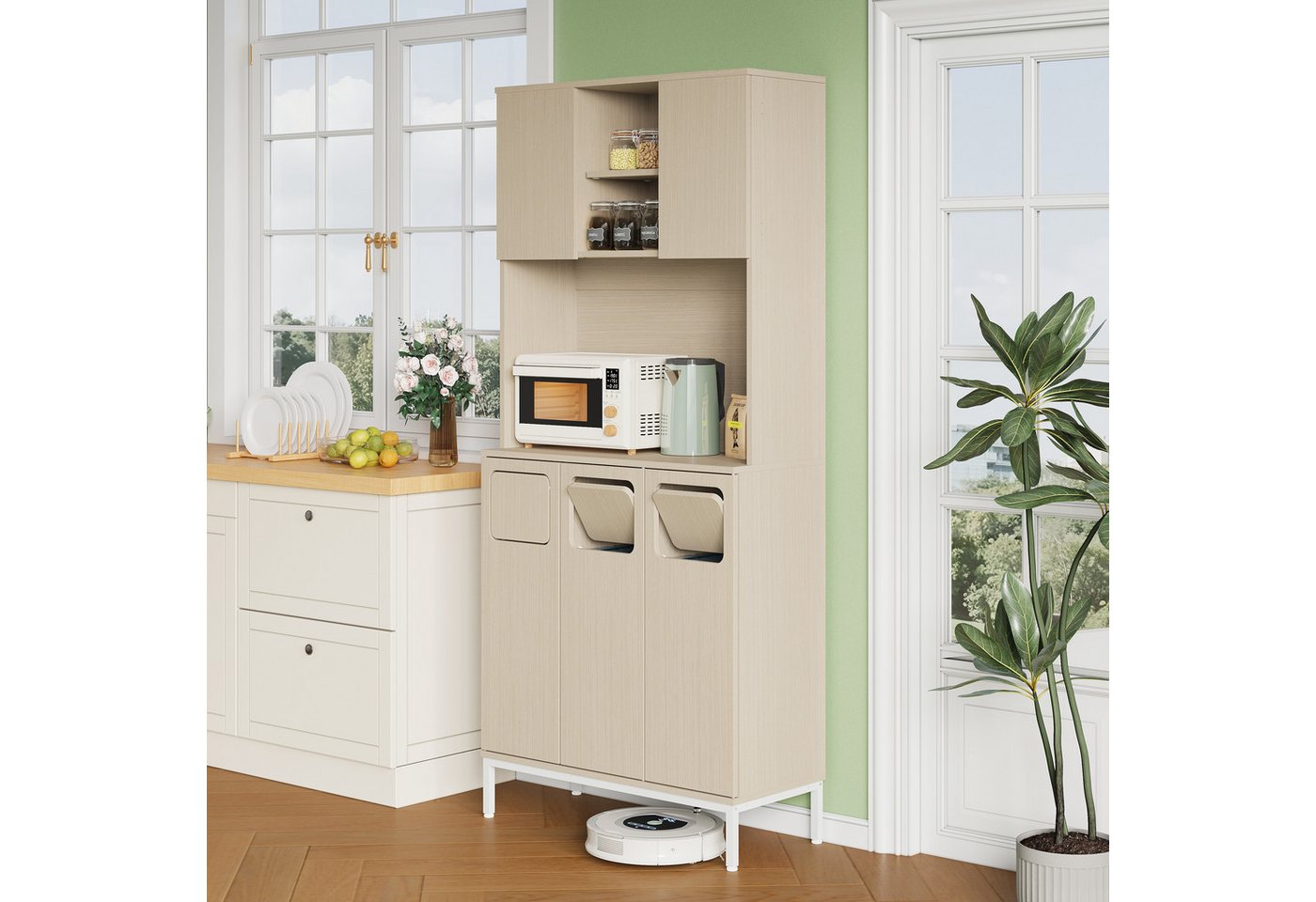 MODFU Küchenbuffet 3 Fächer für Abfallsortierung, Mikrowellenablage (Packung, 1-St., Dreitüriger Küchenschrank 80x35x181 cm, Hellholz-Weiß, Mülltrennung) Hoher Hochschrank mit Stauraum für Staubsauger & Zubehör Bild 5