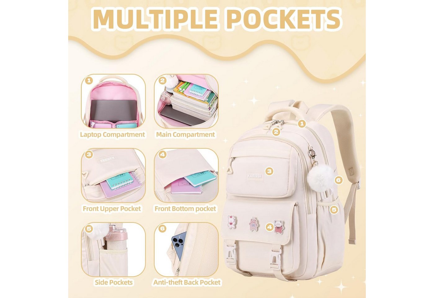 LIANNA Schulrucksack 3-teiliger Mädchen Schulrucksack, leicht, wasserabweisend (Set, 3-teiliger Mädchen Schulrucksack, leicht, wasserabweisend) Bild 5