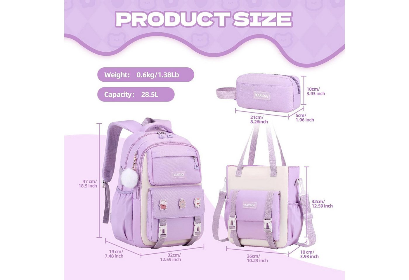 LIANNA Schulrucksack 3‑teiliger lila Mädchen Schulrucksack, leicht, wasserabweisend (Set, 3-tlg., 3‑teiliger lila Mädchen Schulrucksack, leicht, wasserabweisend)