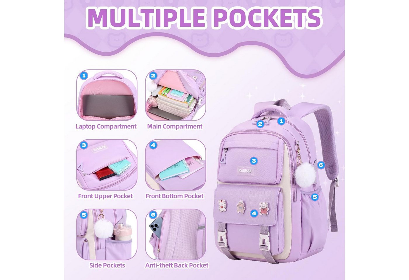 LIANNA Schulrucksack 3‑teiliger lila Mädchen Schulrucksack, leicht, wasserabweisend (Set, 3-tlg., 3‑teiliger lila Mädchen Schulrucksack, leicht, wasserabweisend) Bild 2