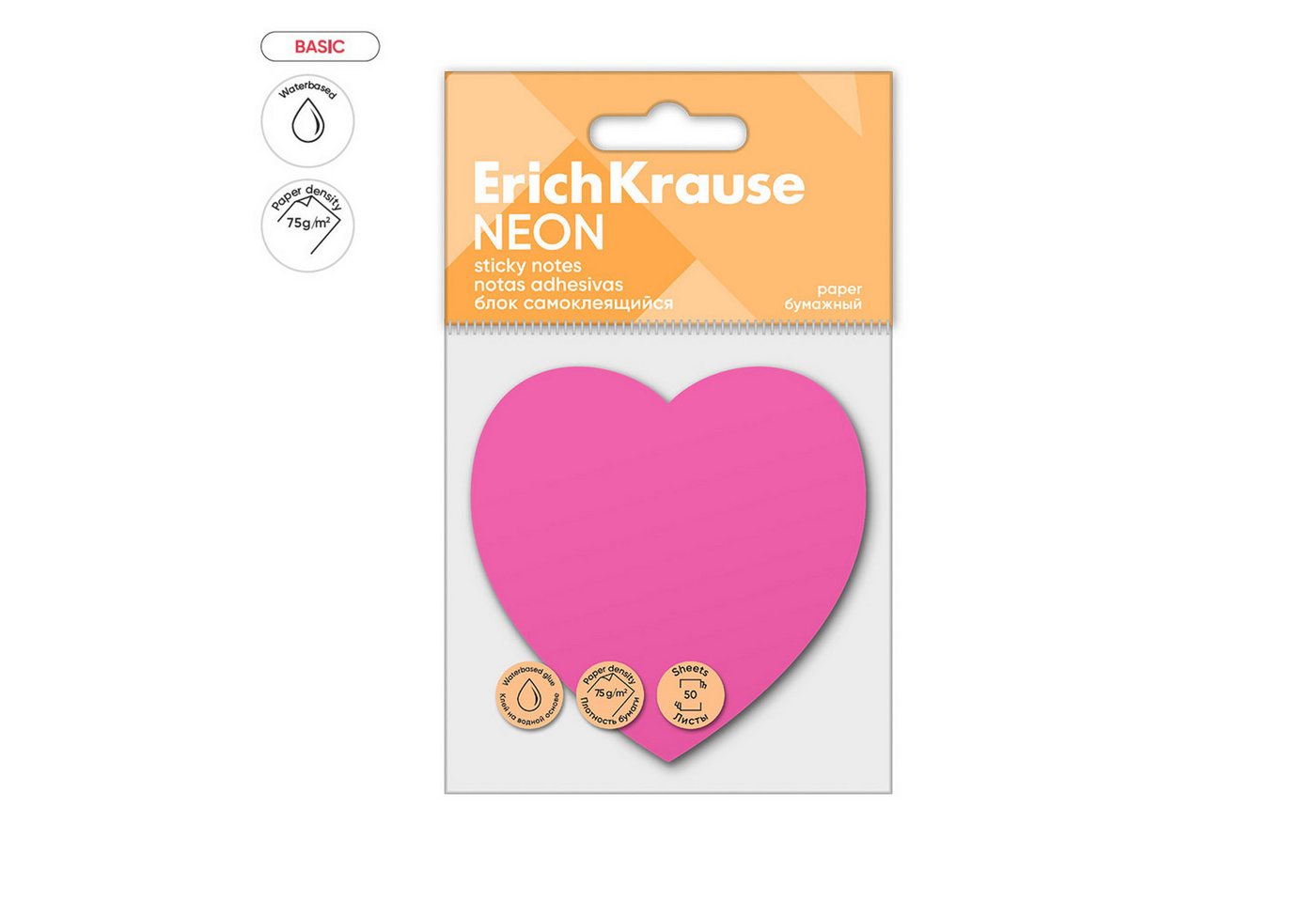 Erich Krause Haftnotizblock, Haftnotizen 70x70mm Neon Herz wiederablösbar 50 Blatt Pink