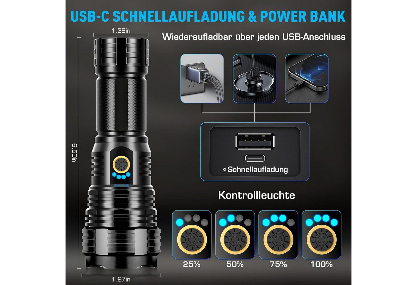 FELIXLEO LED Taschenlampe LED Taschenlampe Aufladbar 600000 Lumen XHP70 2 IPX7 Wasserdicht (1-St) Bild 4