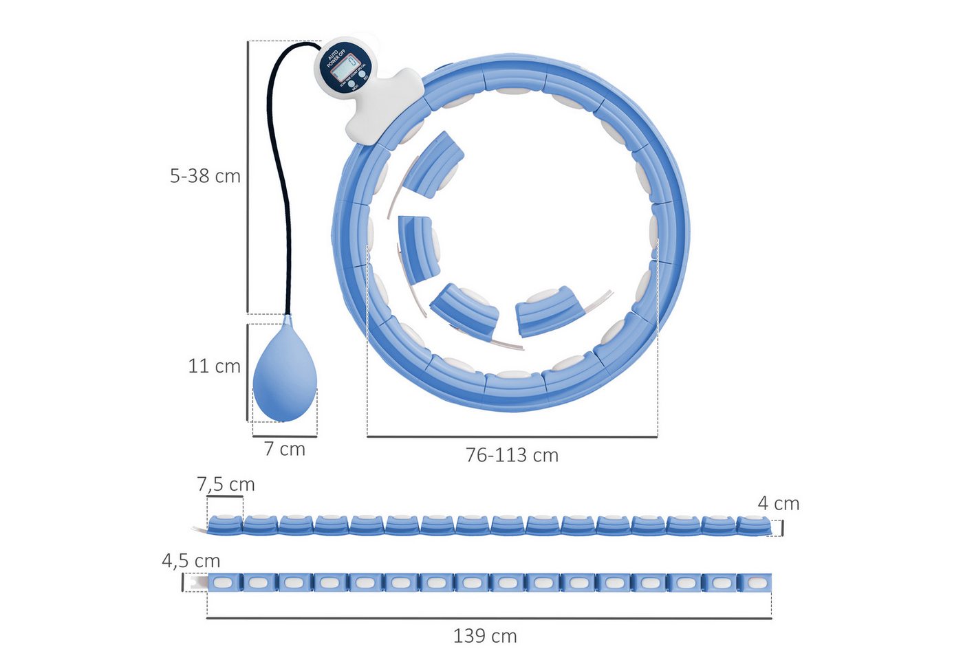 SPORTNOW Hula-Hoop-Reifen Erwachsene mit Gewicht Kugel Zähler 16 Knoten Smart Infinity (einstellbar Fitness leise Abnehmen Ausrüstung, 1-tlg., Fitnessgerät), für Gewichtsverlust, Fitness Hellblau Bild 4