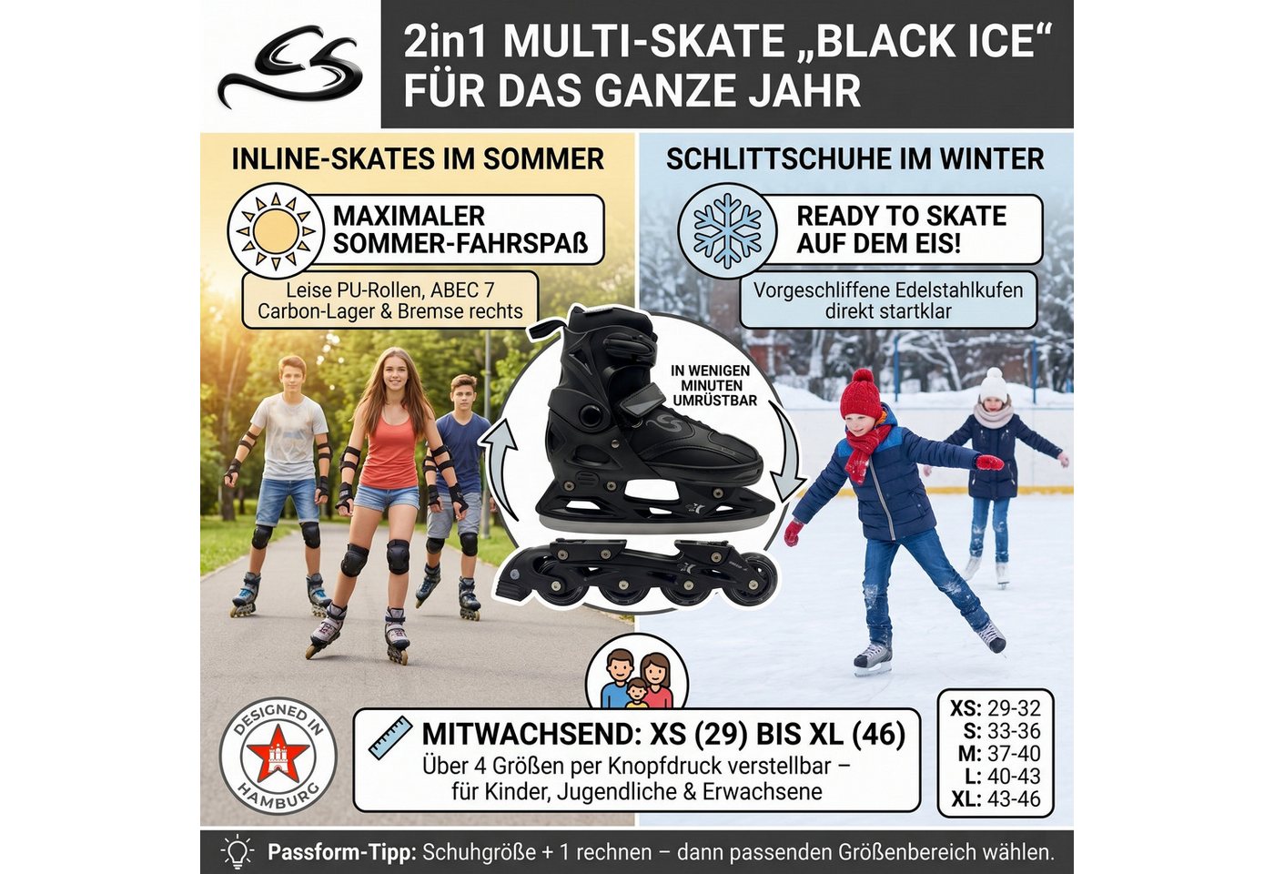 Cox Swain Inlineskates Cox Swain Black Ice 2in1 Inliner & Schlittschuhe M 37-40, (1-St), Mitwachsende Kombi-Skates mit PU-Rollen, ABEC 7 & Edelstahlkufen Bild 2