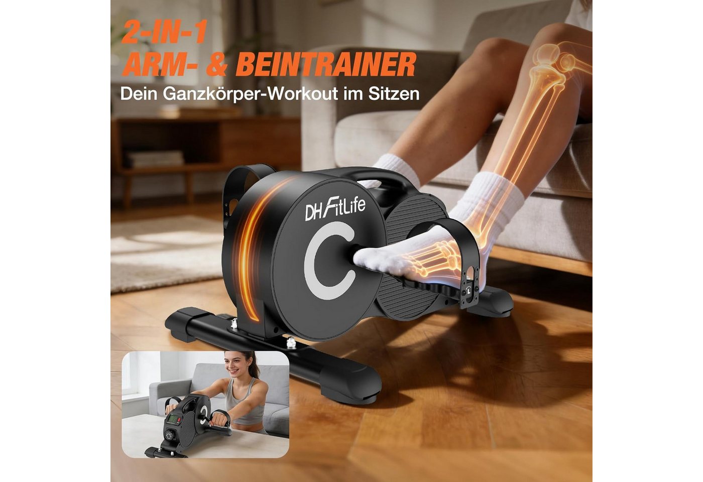 DH FitLife Pedaltrainer Beintrainer für Zuhause mit 16-stufigem Magnetwiderstand, (1-St., für Senioren & Rehabilitation), 3-fach Anti-Rutsch-System, extra leise, bis 220 kg belastbar