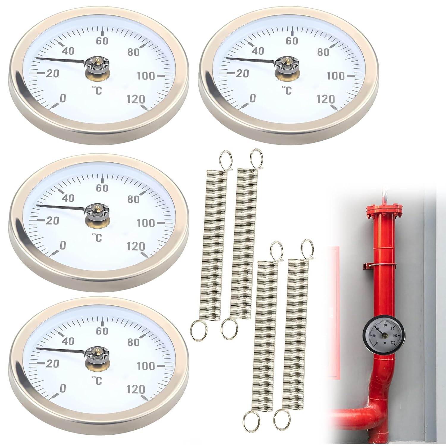 Industriethermometer-set, 4-teilig, Bimetall, Staubdicht, 63 Mm, Mit Feder Und Klemme Für 20 Mm Bis 60 Mm