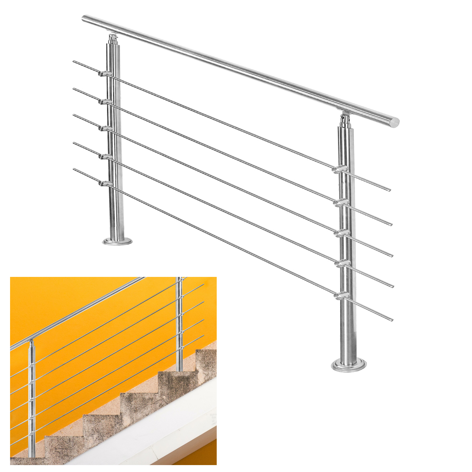 Randaco Edelstahl Treppengeländer 150 Cm Mit 5 Querstreben, 2 Pfosten, Ø42 Mm Handlauf, 106,5 Cm, Balkon Terrasse Innen/außen